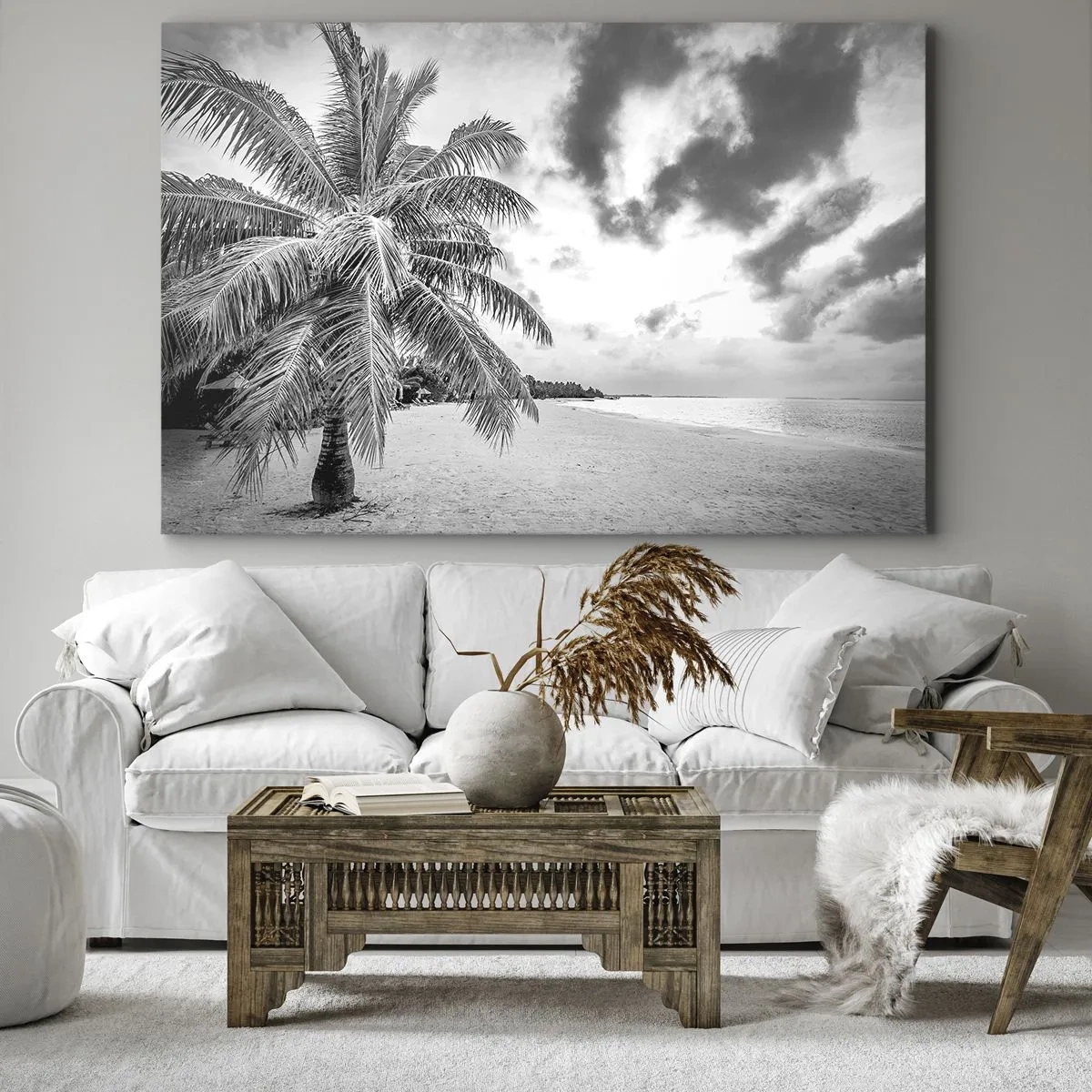 Obraz na plátne - Čierna a biela palma na prázdnej pláži s oblakmi - 70x50cm - Keď túžiš po samote…. - Moderná nástenná dekorácia do obývacej izby a spálne ARTTOR
