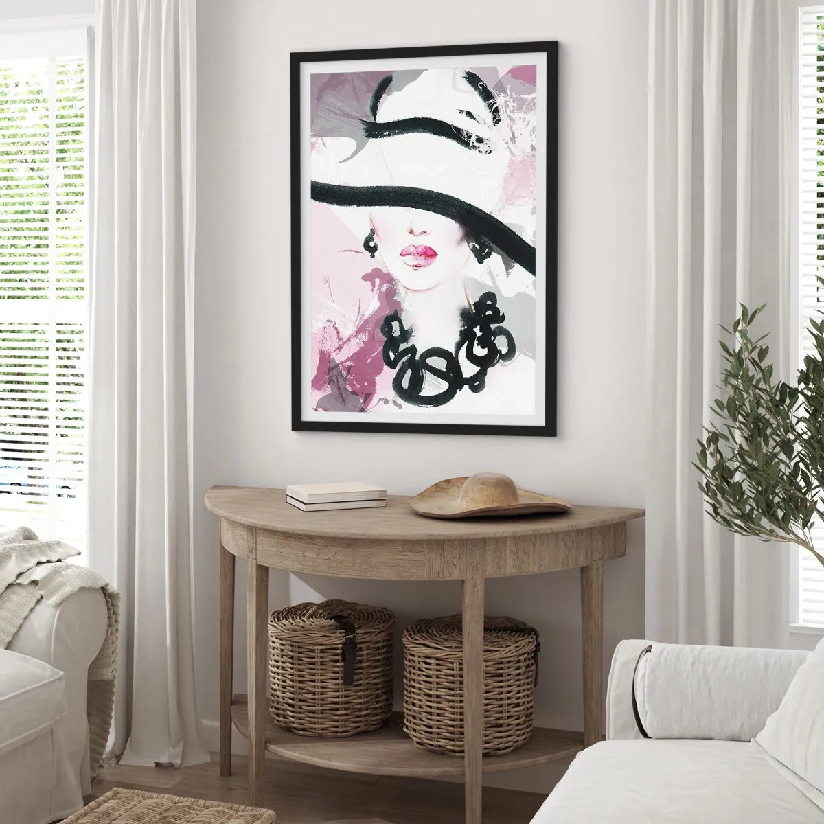 Plagát v čiernom ráme - Elegantná ilustrácia ženskej tváre v odtieňoch ružovej a čiernej. - 50x70cm - Portrét dámy v čiernej a ružovej - Moderná nástenná dekorácia do obývacej izby a spálne ARTTOR
