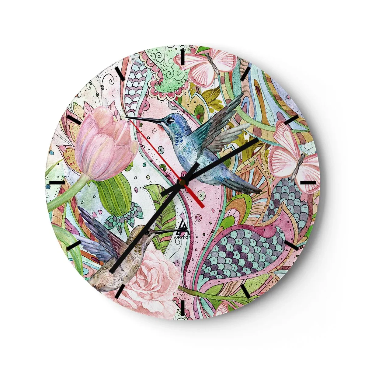 Nástenné hodiny - Farebné kolibríky a kvety na pozadí umeleckých vzorov - 30x30cm - Zamotané do lián - Moderná nástenná dekorácia do obývacej izby, kuchyne a spálne ARTTOR