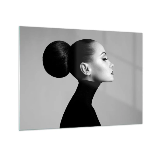 Obraz na skle - Štýlová žena v čiernom na sivom pozadí - 70x50cm - Moderná Nefertiti - Moderná nástenná dekorácia do obývacej izby a spálne ARTTOR