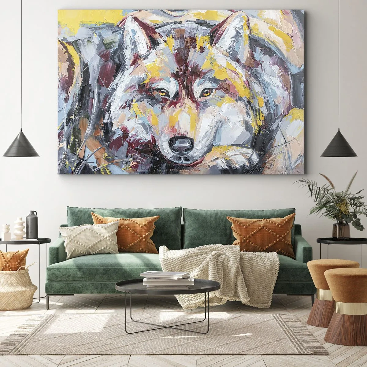 Obraz na plátne - Umelecký portrét vlka v intenzívnych farbách - 70x50cm - Pokoj medzi blízkymi - Moderná nástenná dekorácia do obývacej izby a spálne ARTTOR