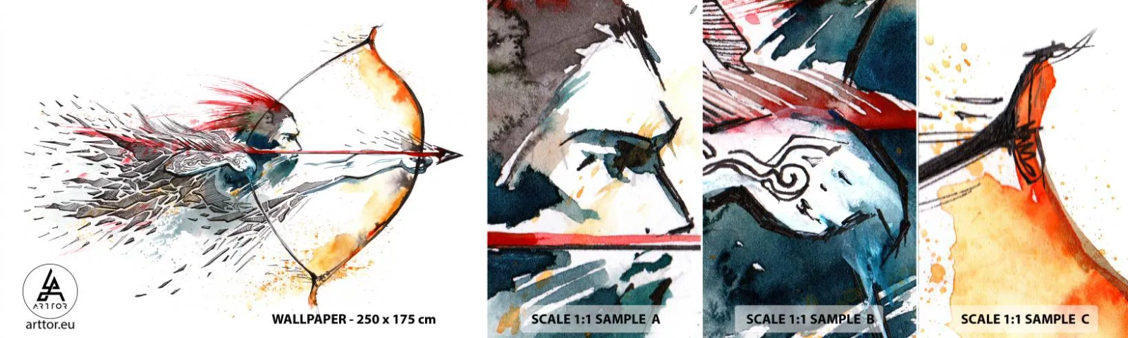 Vzorka samolepiacej fototapety Deluxe Sticker - Mýtický bojovník s ohnivým lukom - Abstrakcia, Strelec, Výstrel z luku - 100x30 cm