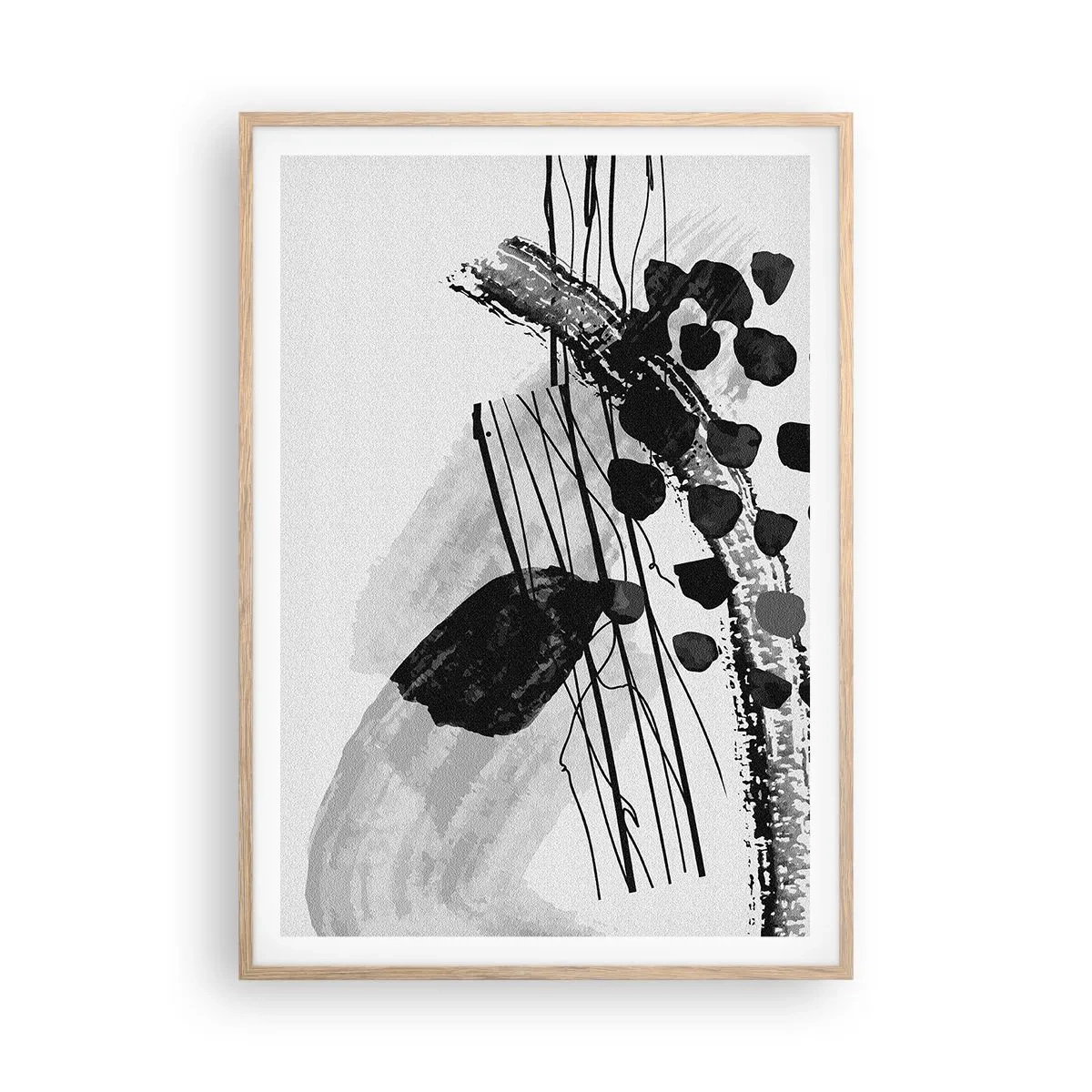 Plagát v ráme zo svetlého duba - Čiernobiela organická abstrakcia - 70x100 cm