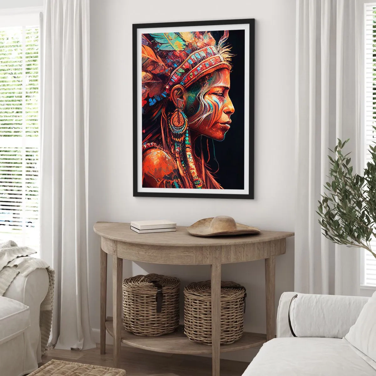 Plagát v čiernom ráme - Portrét ženy v tradičnej perovej pokrývke hlavy - 50x70cm - Magický rituál - Moderná nástenná dekorácia do obývacej izby a spálne ARTTOR