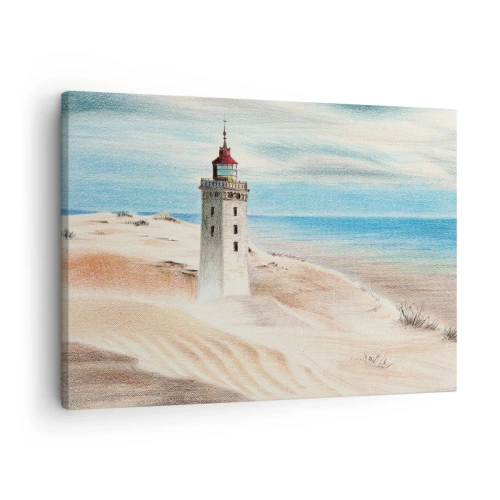 Obraz na plátne - Maják obklopený piesočnými dunami a modrou oblohou - 70x50cm - Vždy hľadí na more - Moderná nástenná dekorácia do obývacej izby a spálne ARTTOR