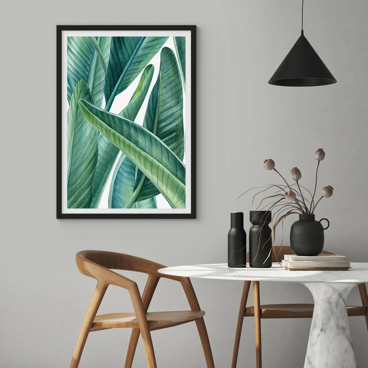 Plagát v čiernom ráme - Zelené banánové listy v akvarelovom štýle - 50x70cm - Proste zelená - Moderná nástenná dekorácia do obývacej izby a spálne ARTTOR
