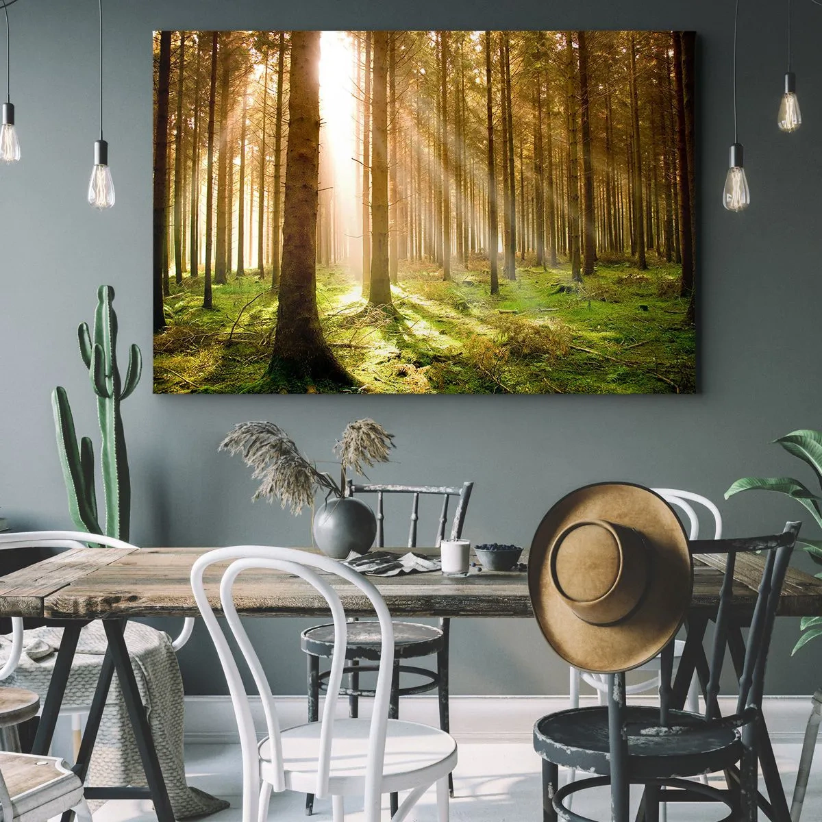Obraz na plátne - Ihličnatý les so slnečnými lúčmi presvitajúcimi cez stromy - 70x50cm - Čoskoro sa objavia elfovia - Moderná nástenná dekorácia do obývacej izby a spálne ARTTOR