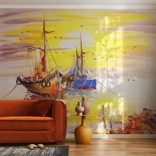 Fototapeta Premium Sand - Zaslúžený odpočinok v prístave - Rybarska lod, Rybolov, Vtáky - 100x70 cm