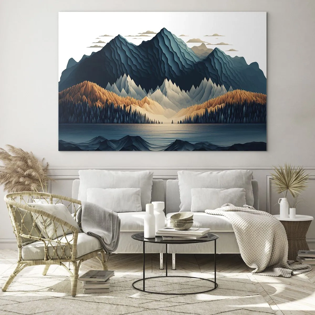 Obraz na skle - Štylizovaná horská krajina s lesom a jazerom - 70x50cm - Dokonalá horská krajina - Moderná nástenná dekorácia do obývacej izby a spálne ARTTOR