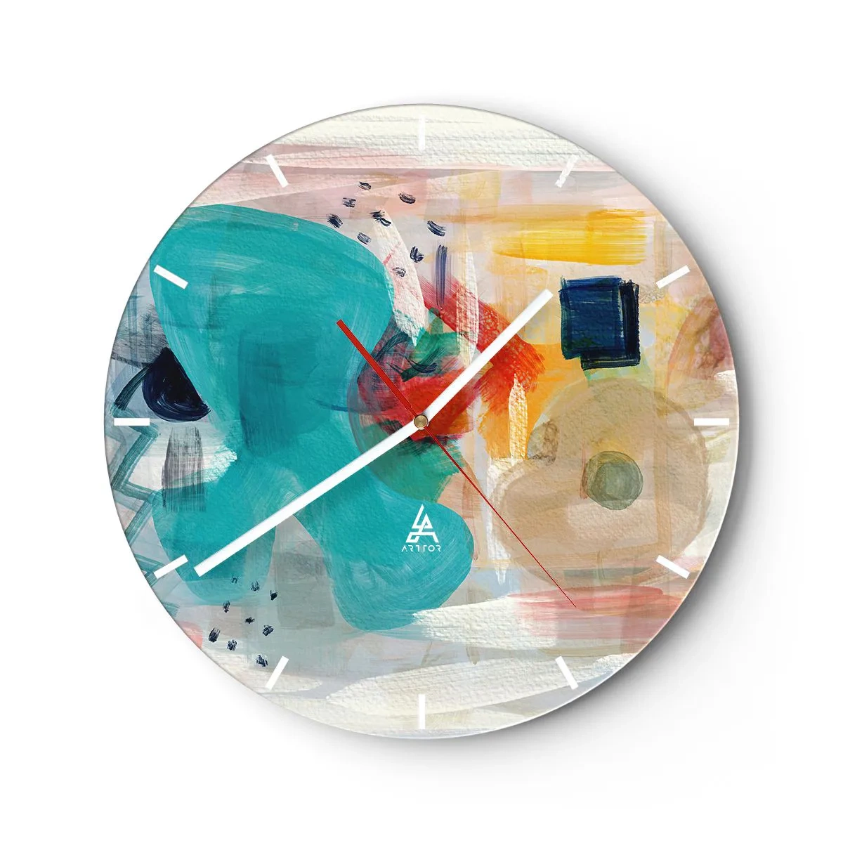 Nástenné hodiny - Abstraktné farebné škvrny v odtieňoch tyrkysovej, červenej a žltej - 30x30cm - Farebná hra - Moderná nástenná dekorácia do obývacej izby, kuchyne a spálne ARTTOR