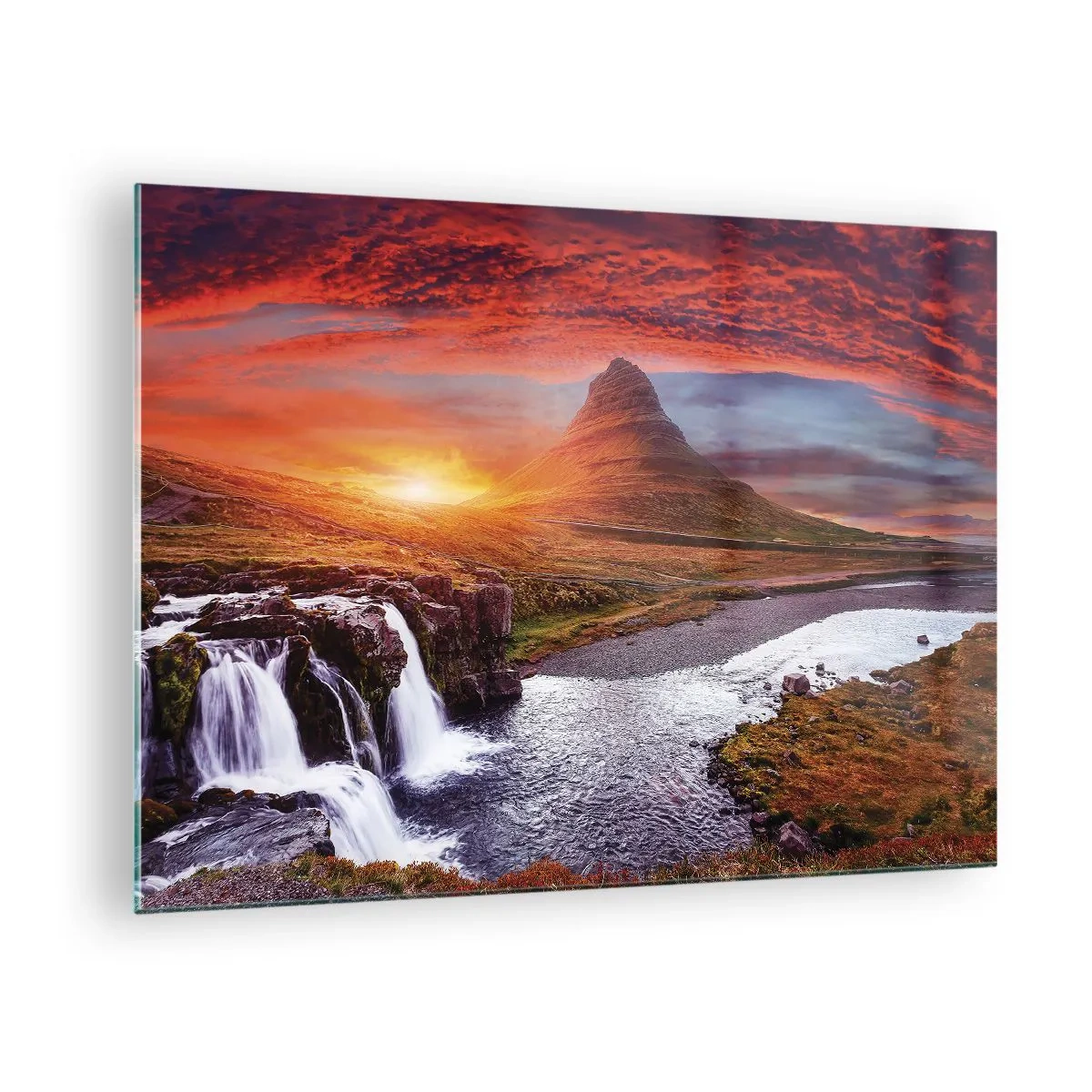Obraz na skle - Horská krajina s vodopádom a západom slnka - 70x50cm - Pohľad na Stredozem - Moderná nástenná dekorácia do obývacej izby a spálne ARTTOR