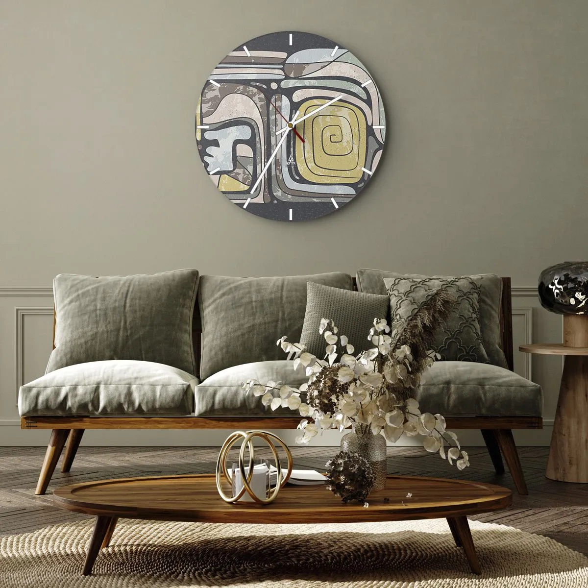 Nástenné hodiny - Abstraktné tvary so špirálovým motívom v etnickom štýle - 30x30cm - Abstrakcia v predkolumbovskom duchu - Moderná nástenná dekorácia do obývacej izby, kuchyne a spálne ARTTOR
