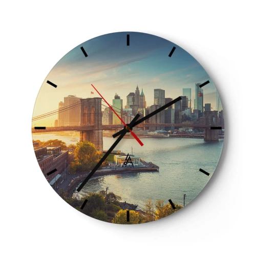 Nástenné hodiny - Pohľad na Brooklynský most a panorámu mesta pri západe slnka - 30x30cm - Svitanie veľkomesta - Moderná nástenná dekorácia do obývacej izby, kuchyne a spálne ARTTOR