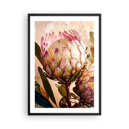 Plagát v čiernom ráme - Detailný záber na kvet protey v teplých farbách - 50x70cm - Nežne objaté - Moderná nástenná dekorácia do obývacej izby a spálne ARTTOR