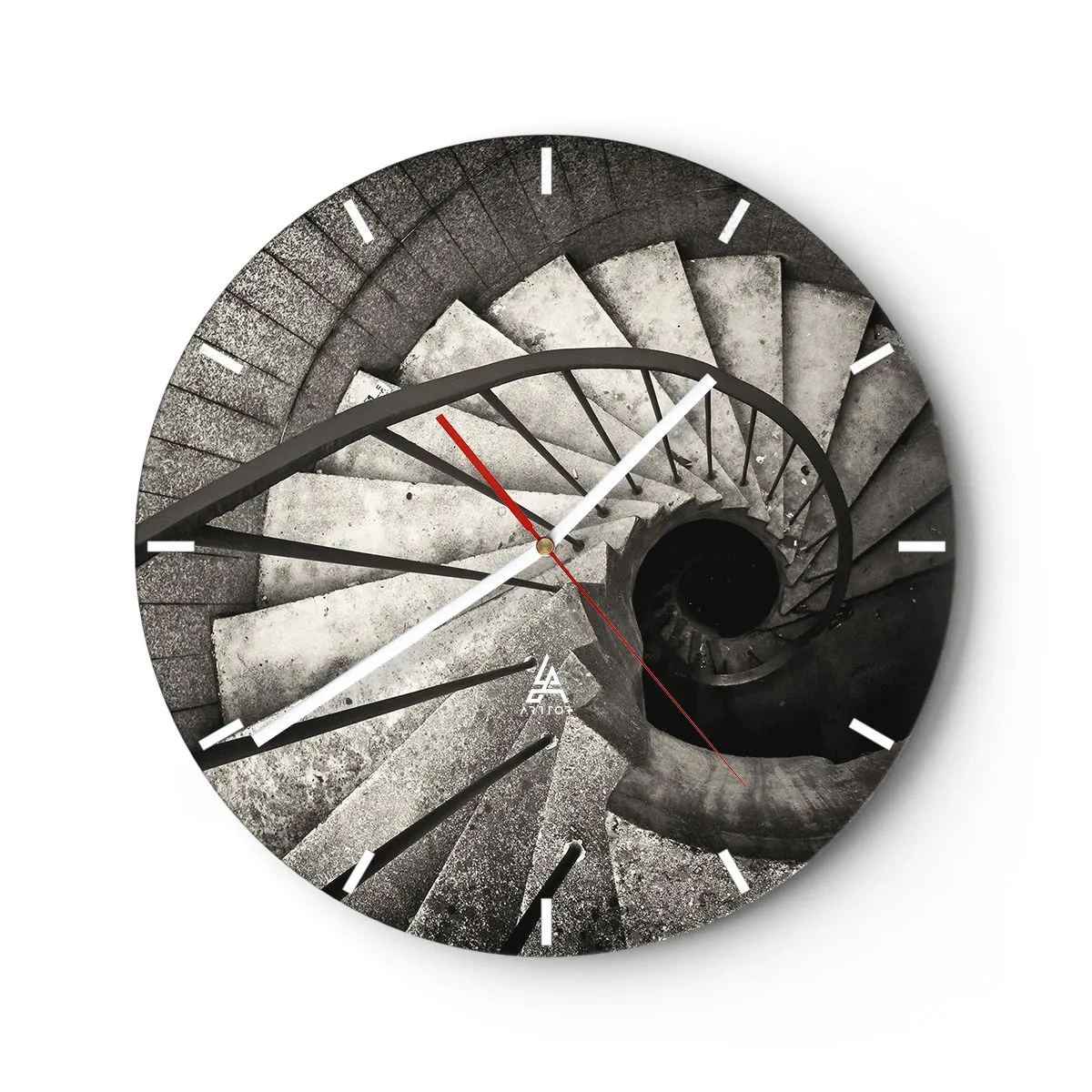 Nástenné hodiny - Čiernobiele točité schodisko s pohľadom nadol a geometrickým rozložením schodov - 30x30cm - Hore po schodoch, dole po schodoch - Moderná nástenná dekorácia do obývacej izby, kuchyne a spálne ARTTOR