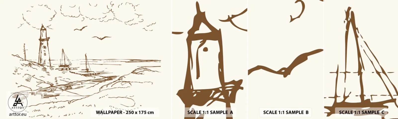 Vzorka samolepiacej fototapety Deluxe Sticker - Náčrt letných spomienok - Grafika, pobrežie, Maják - 100x30 cm