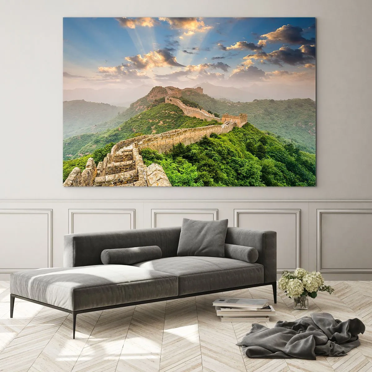 Obraz na skle - Veľký čínsky múr v hornatej krajine - 70x50cm - Nepominuteľná veľkosť - Moderná nástenná dekorácia do obývacej izby a spálne ARTTOR
