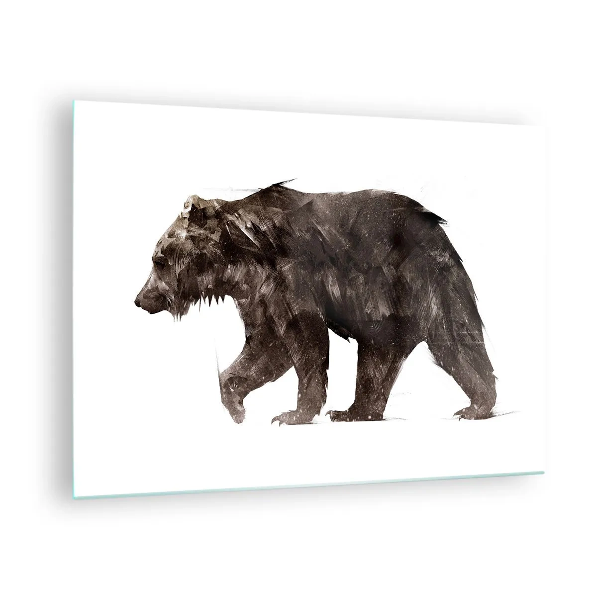 Obraz na skle - Umelecké zobrazenie hnedého medveďa v odtieňoch hnedej a čiernej. - 70x50cm - Vždy nosím naozajstný kožuch! - Moderná nástenná dekorácia do obývacej izby a spálne ARTTOR