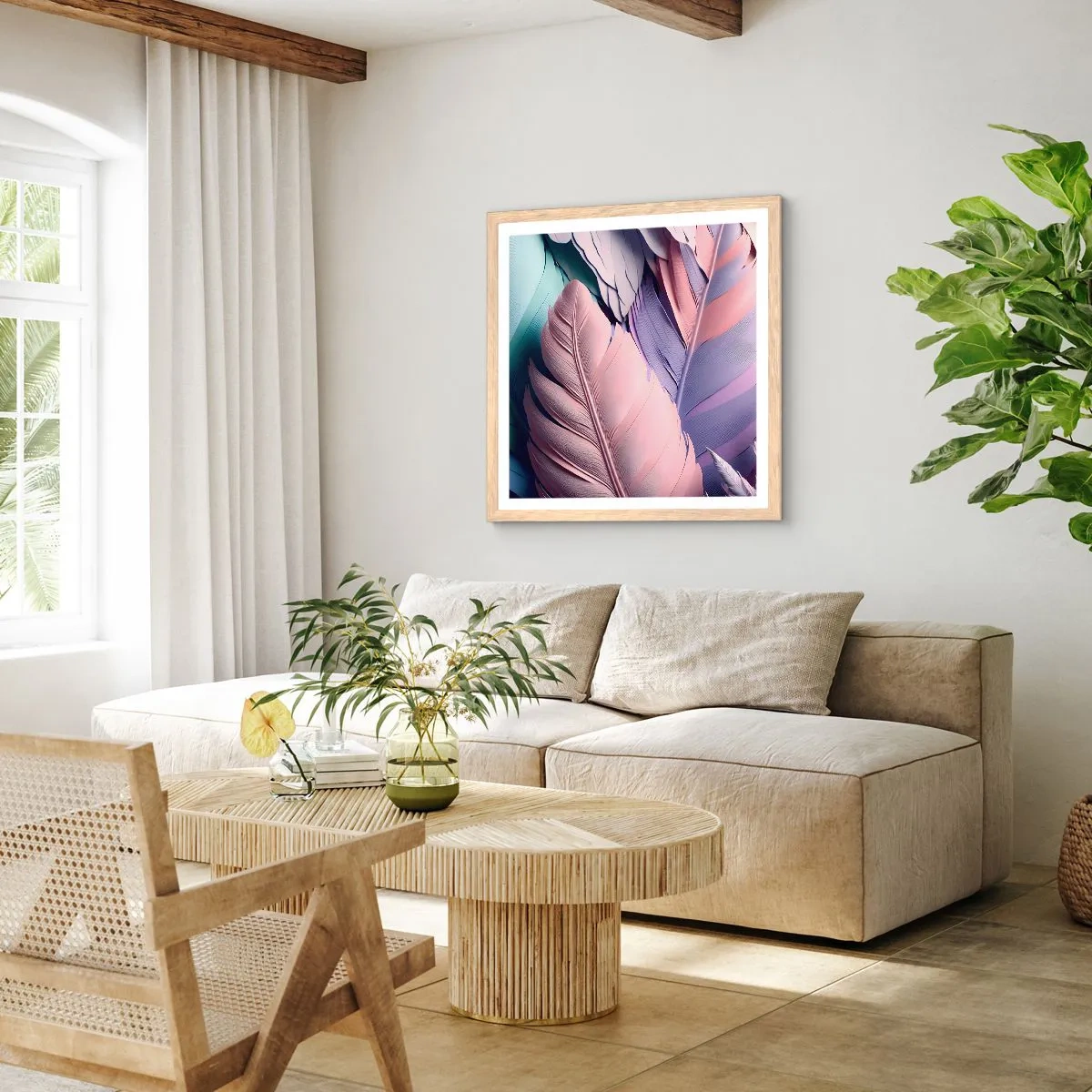 Plagát v ráme zo svetlého duba - Vtáčí štýl - 60x60 cm