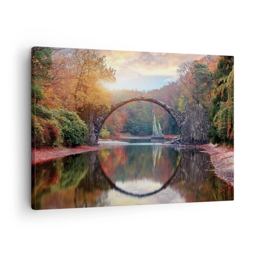 Obraz na plátne - Kamenný most v jesennej scenérii nad pokojnou vodou - 70x50cm - Za zrkadlom - Moderná nástenná dekorácia do obývacej izby a spálne ARTTOR