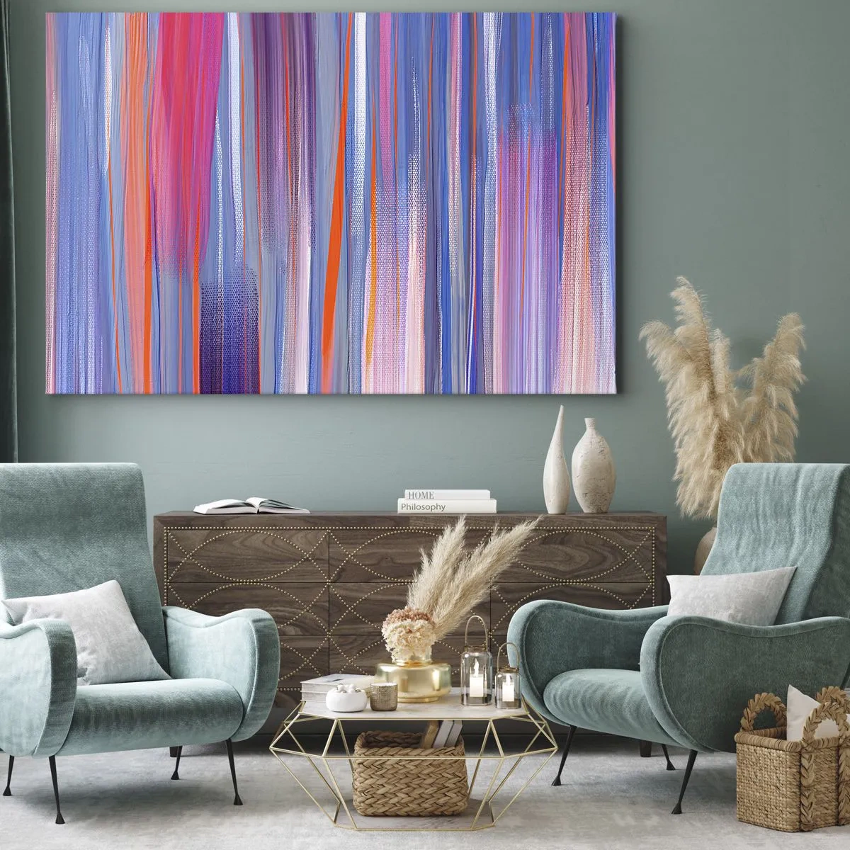 Obraz na plátne - Abstraktné zvislé čiary v odtieňoch modrej a ružovej - 70x50cm - Naduhuvstúpenie - Moderná nástenná dekorácia do obývacej izby a spálne ARTTOR