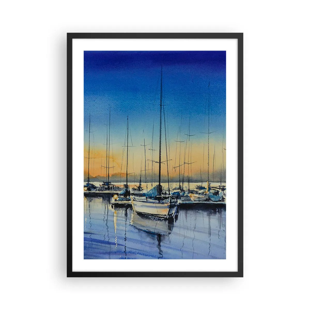 Plagát v čiernom ráme - Maliarska scéna plachetníc v prístave pri západe slnka - 50x70cm - Koniec dobrého dňa - Moderná nástenná dekorácia do obývacej izby a spálne ARTTOR