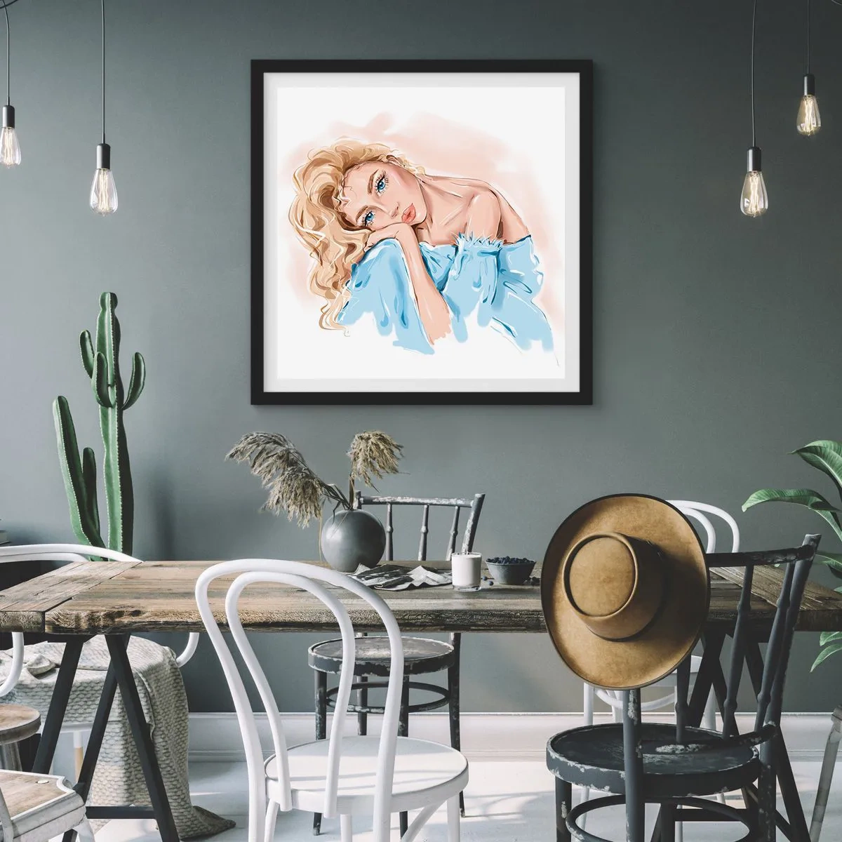 Plagát v čiernom ráme - Zasnená v modrej - 40x40 cm