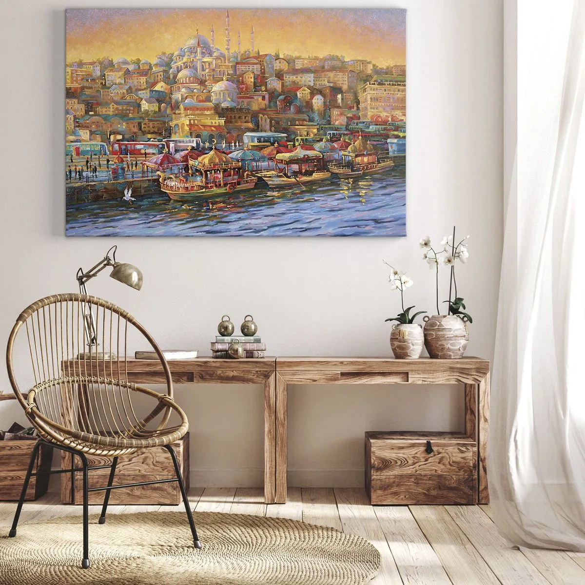 Obraz na plátne - Malebná panoráma Istanbulu s výhľadom na záliv a mesto - 70x50cm - Istanbulský príbeh - Moderná nástenná dekorácia do obývacej izby a spálne ARTTOR