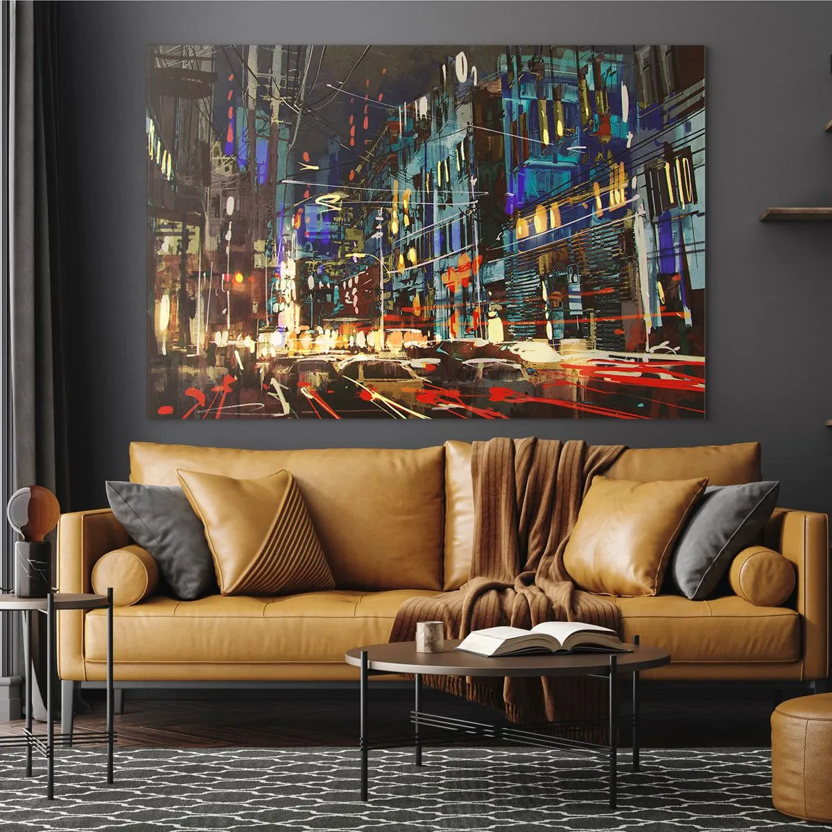 Obraz na skle - Večerná mestská ulica s neónovými svetlami a premávkou - 70x50cm - Večerný pouličný ruch - Moderná nástenná dekorácia do obývacej izby a spálne ARTTOR