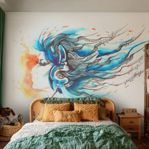 Fototapeta Standard Eco - Žena so slúchadlami obklopená hudobnou aurou - 100x70cm - Nech hrá hudba - Moderná nástenná dekorácia do obývacej izby a spálne ARTTOR