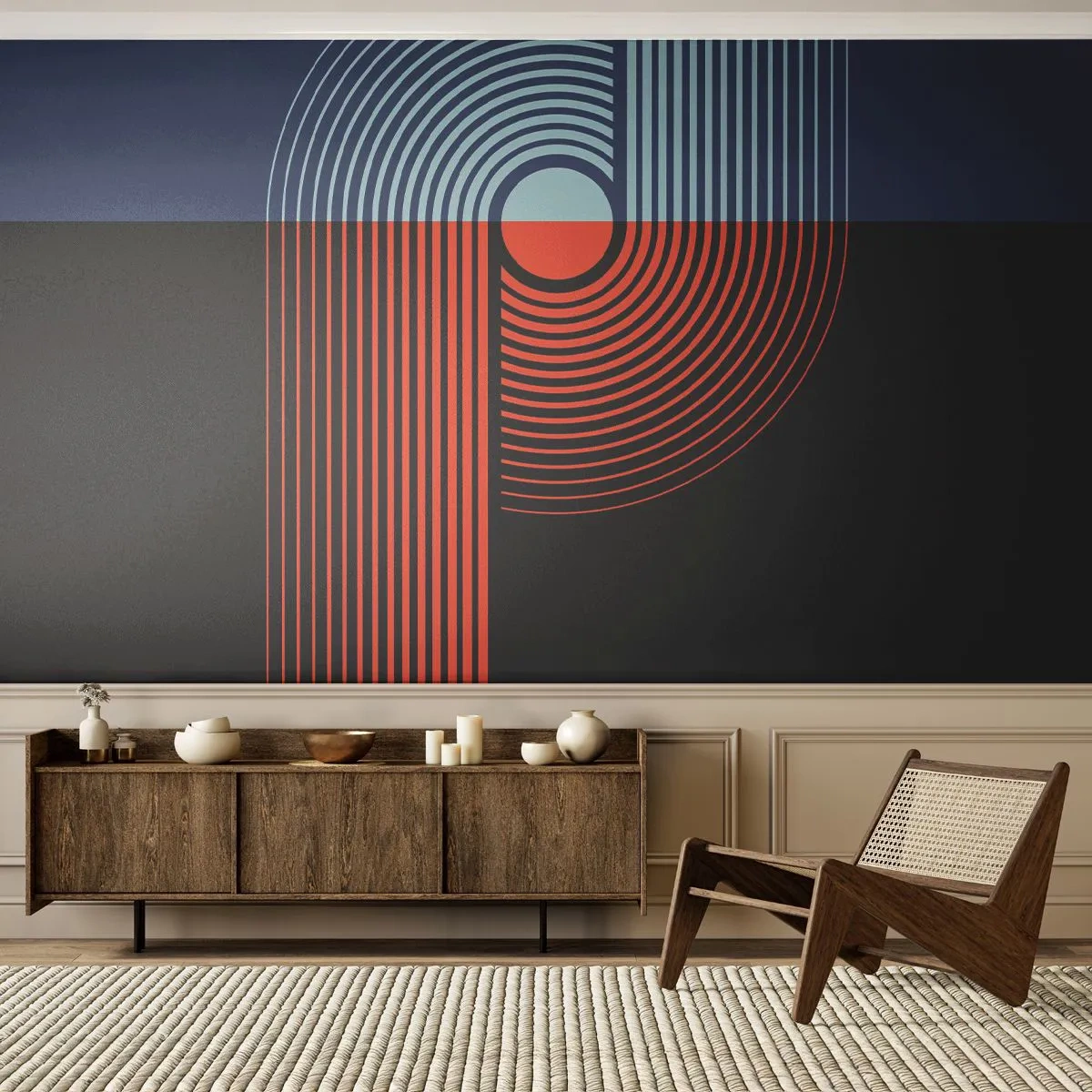 Fototapeta Standard Eco - Geometrická abstrakcia s čiarami a farbami - 100x70cm - V geometrickom objatí - Moderná nástenná dekorácia do obývacej izby a spálne ARTTOR