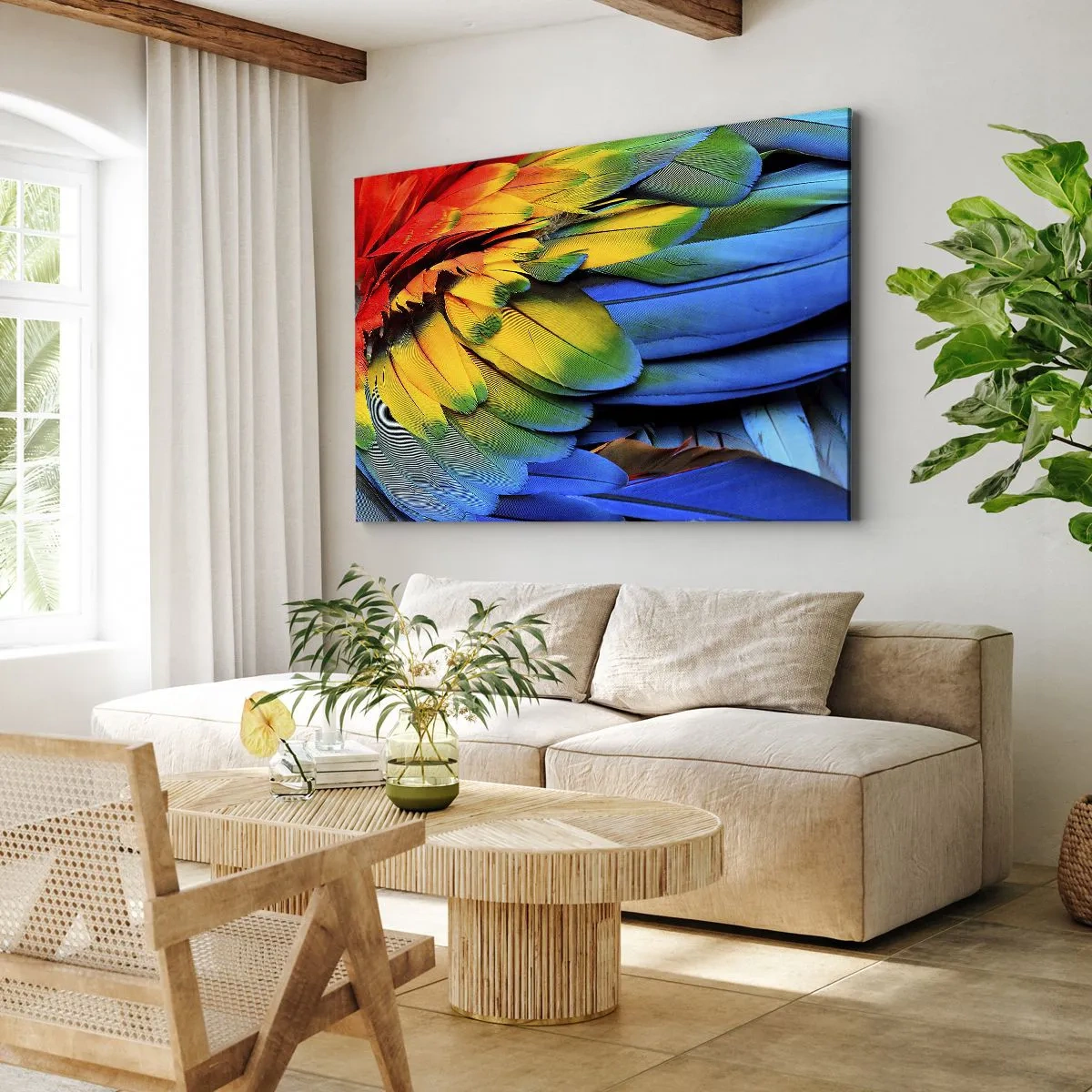 Obraz na plátne - Detailný záber na farebné perie papagája - 70x50cm - Nebeský vták - Moderná nástenná dekorácia do obývacej izby a spálne ARTTOR