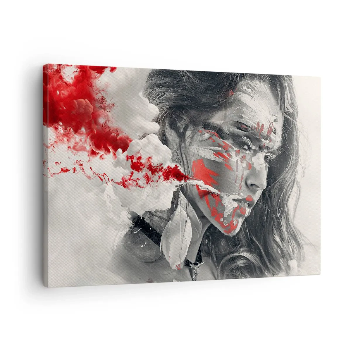 Obraz na plátne - Umelecký portrét ženy s abstraktnými červenými akcentmi - 70x50cm - V škárach absurdity - Moderná nástenná dekorácia do obývacej izby a spálne ARTTOR
