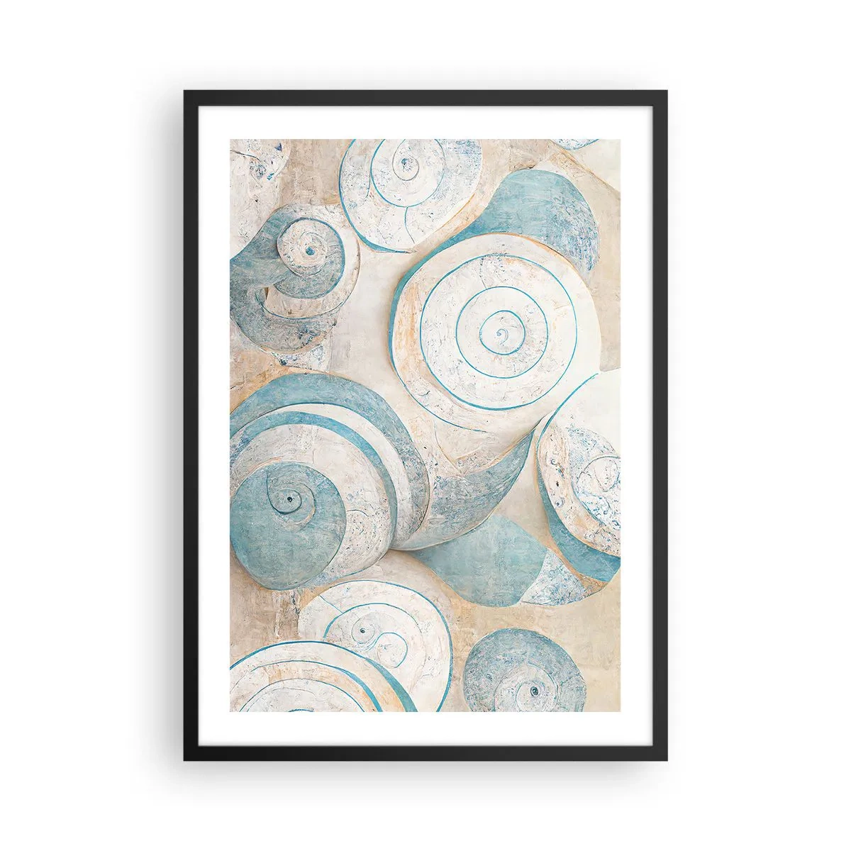 Plagát v čiernom ráme - Abstraktné špirály v odtieňoch modrej a béžovej - 50x70cm - Čo skrýva mušľa? - Moderná nástenná dekorácia do obývacej izby a spálne ARTTOR