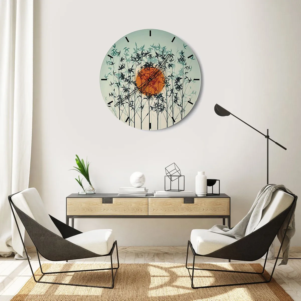 Nástenné hodiny - Bambusové listy proti oranžovému slnku a jasnej oblohe - 30x30cm - Japonské slnko - Moderná nástenná dekorácia do obývacej izby, kuchyne a spálne ARTTOR