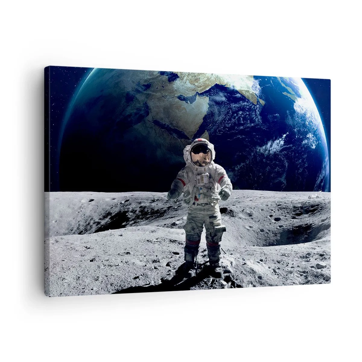 Obraz na plátne - Astronaut na povrchu Mesiaca so Zemou v pozadí - 70x50cm - Pozdravy z Mesiaca - Moderná nástenná dekorácia do obývacej izby a spálne ARTTOR