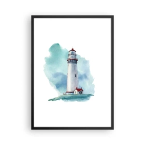 Plagát v čiernom ráme - Maliarska ilustrácia majáka obklopeného modrou oblohou. - 50x70cm - Nežná sestra blankytu - Moderná nástenná dekorácia do obývacej izby a spálne ARTTOR