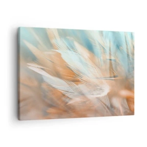 Obraz na plátne - Jemné pierka v pastelových odtieňoch modrej a oranžovej - 70x50cm - V krajine nehy - Moderná nástenná dekorácia do obývacej izby a spálne ARTTOR