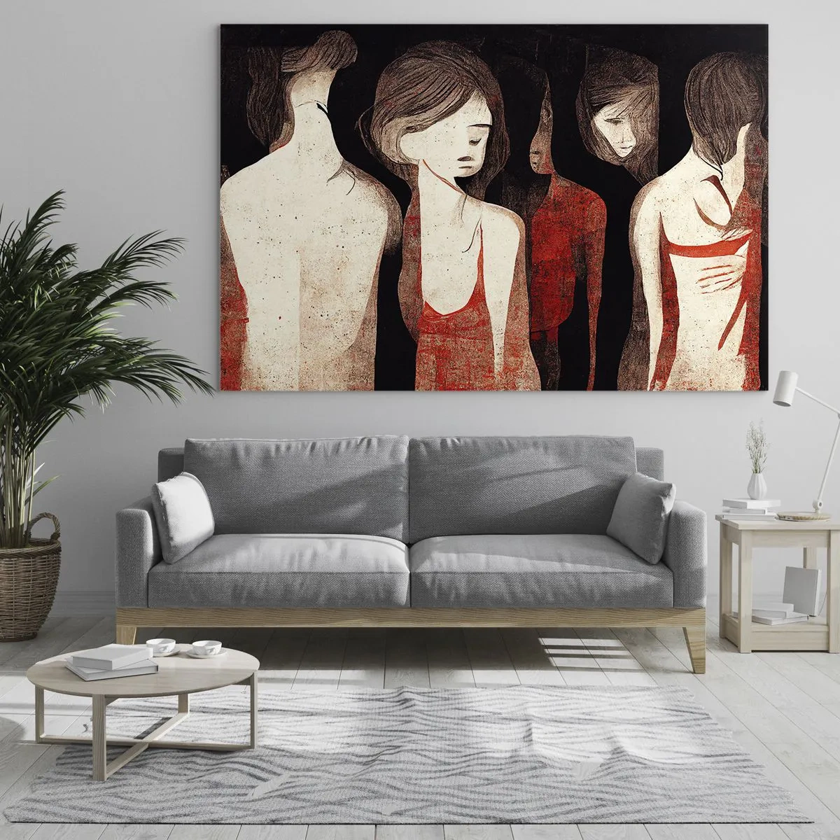 Obraz na skle - Abstraktné ženské siluety v červenej farbe na čiernom pozadí - 70x50cm - Madony z temnoty - Moderná nástenná dekorácia do obývacej izby a spálne ARTTOR