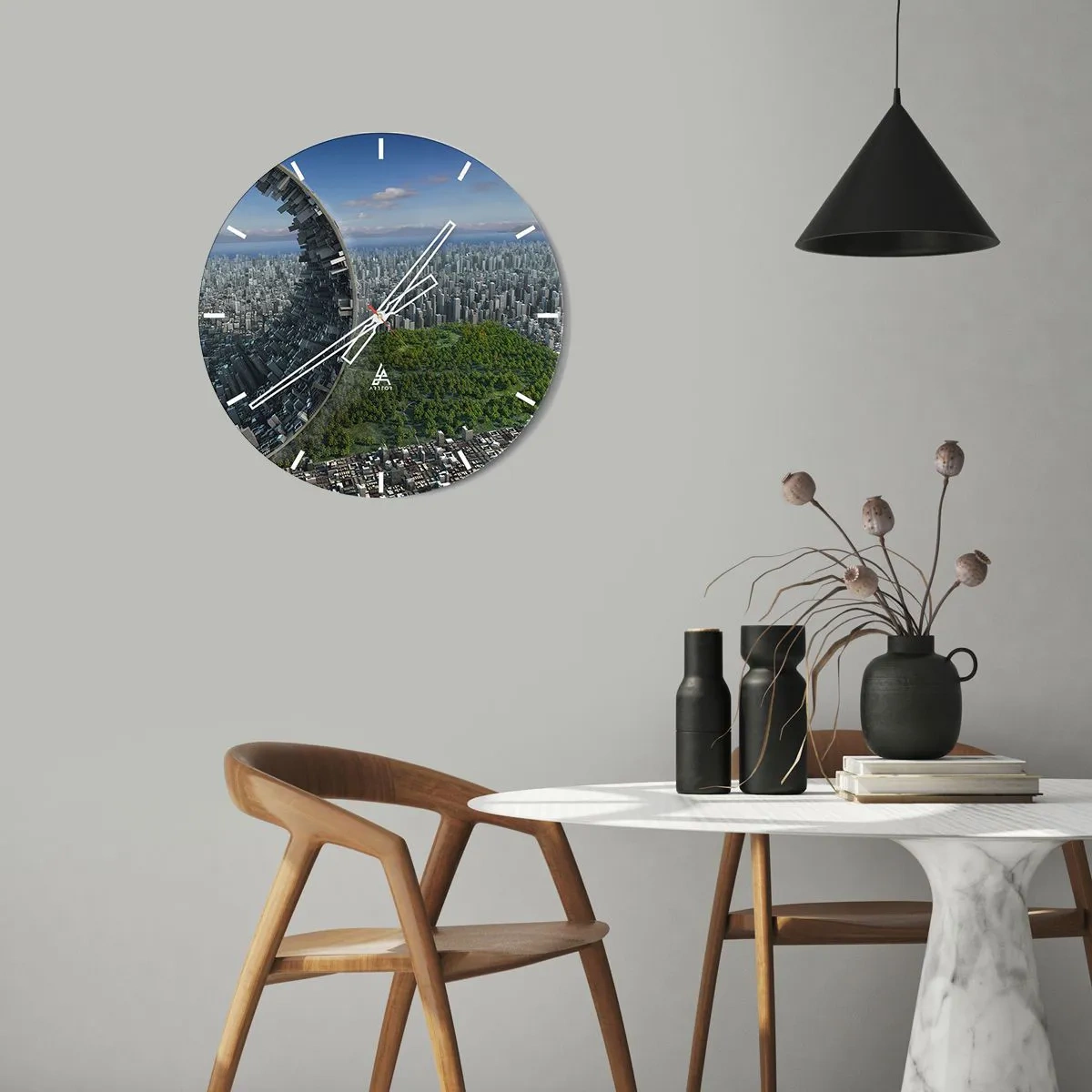Nástenné hodiny - Futuristické mesto s rozbitou štruktúrou a zeleňou v pozadí. - 30x30cm - Príroda je večná - Moderná nástenná dekorácia do obývacej izby, kuchyne a spálne ARTTOR