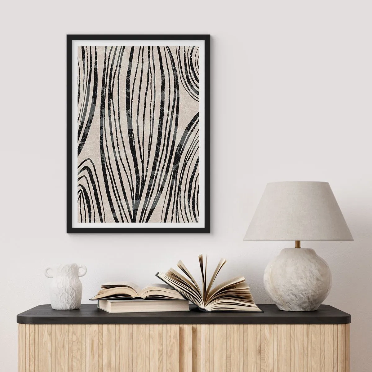 Plagát v čiernom ráme - Abstraktné čierne čiary na béžovom pozadí - 50x70cm - Močiar s líniami - Moderná nástenná dekorácia do obývacej izby a spálne ARTTOR