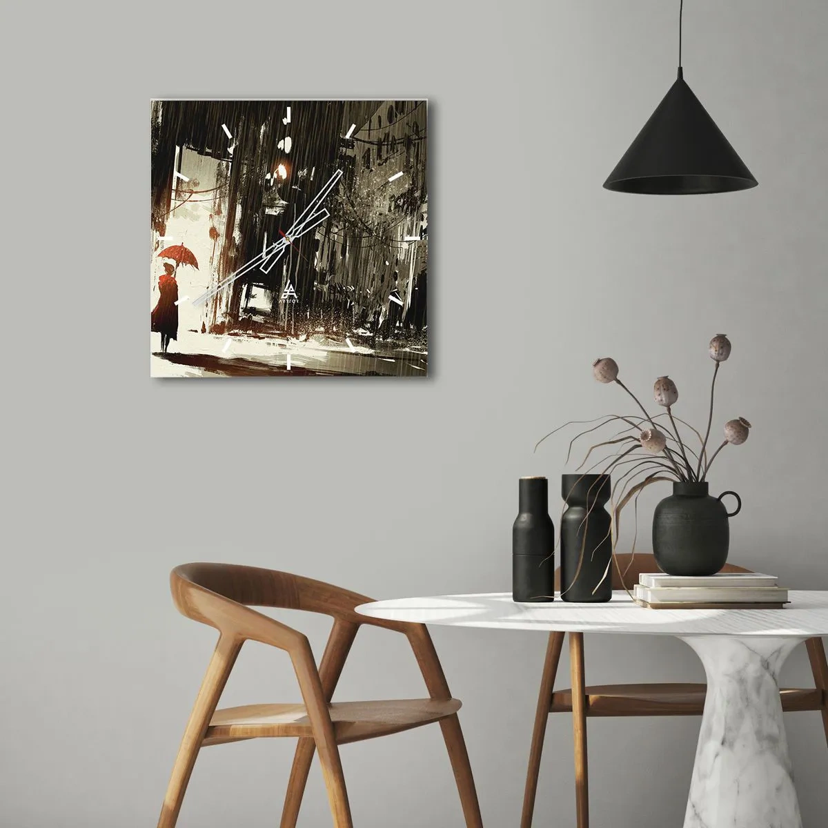 Nástenné hodiny - Poézia červeného dáždnika - 30x30 cm