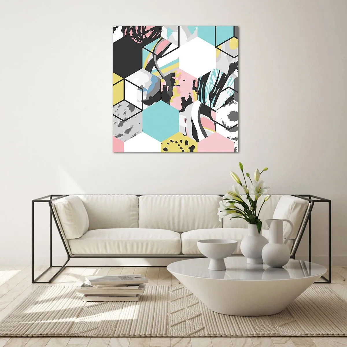 Obraz na skle - Šesťuholníky a kocky v šiestich farbách - 60x60 cm