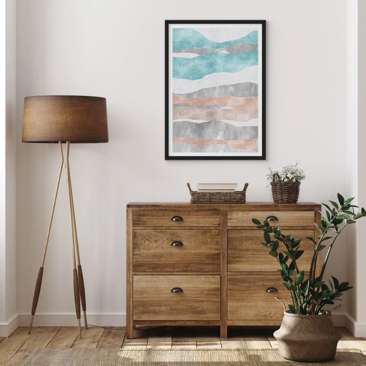 Plagát v čiernom ráme - Minimalistické vlny v odtieňoch modrej a béžovej - 50x70cm - Štúdia blízkosti - Moderná nástenná dekorácia do obývacej izby a spálne ARTTOR