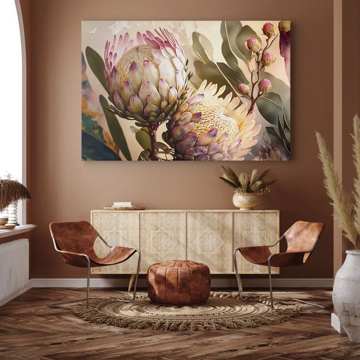 Obraz na plátne - Farebné kvety protey na jemnom pozadí - 70x50cm - Nežne objaté - Moderná nástenná dekorácia do obývacej izby a spálne ARTTOR