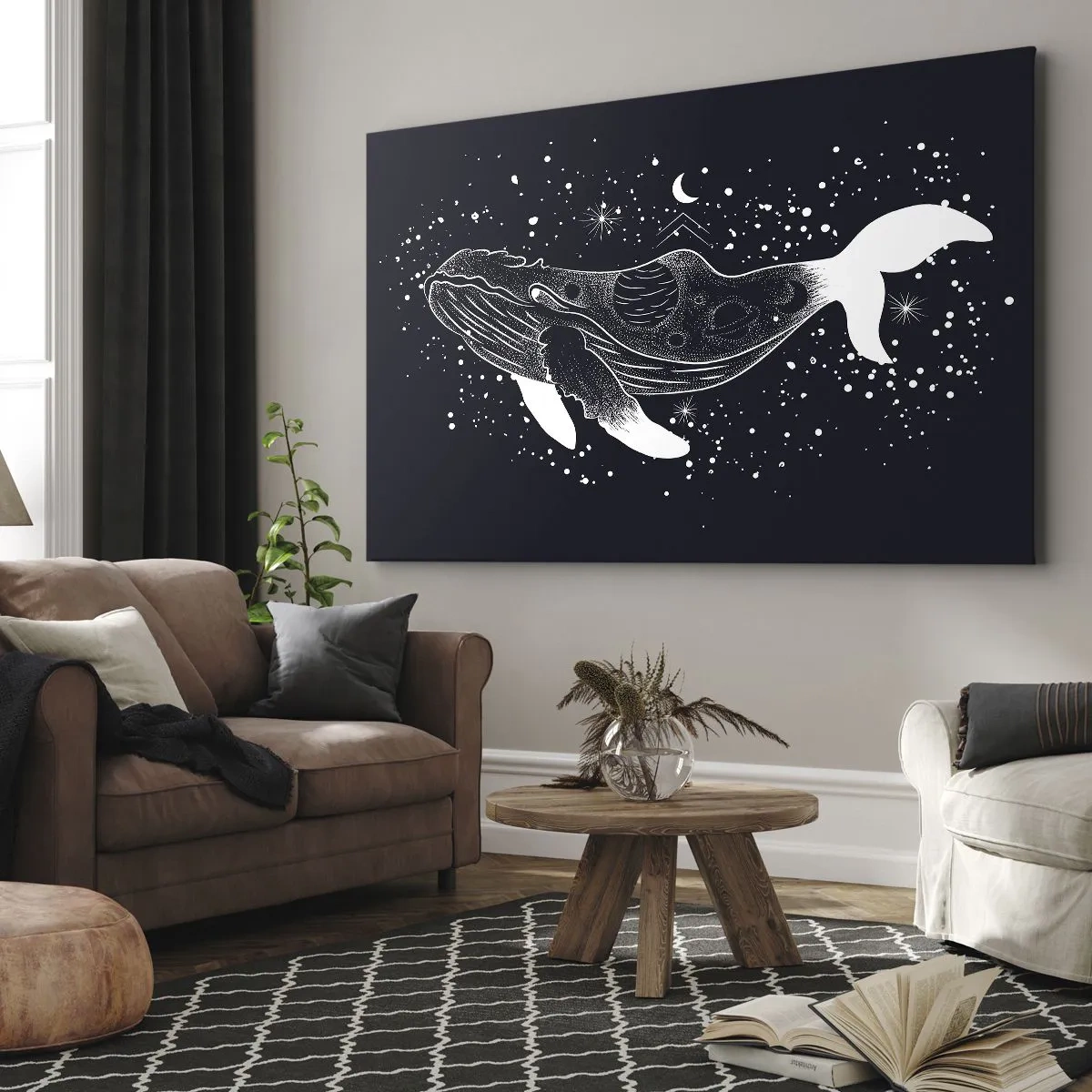 Obraz na plátne - Grafická ilustrácia veľryby v štýle vesmírneho veku. - 70x50cm - V oceáne vesmíru - Moderná nástenná dekorácia do obývacej izby a spálne ARTTOR