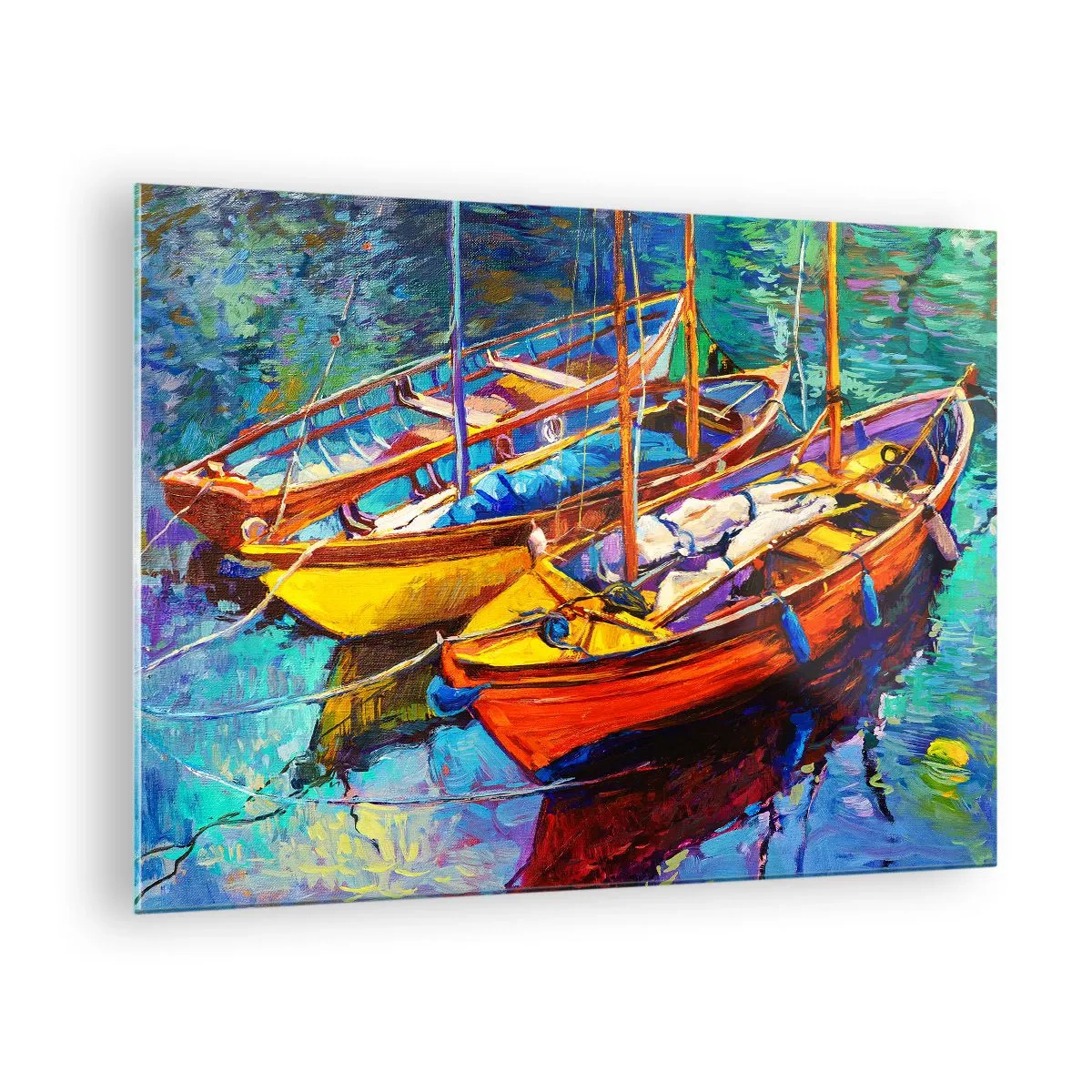 Obraz na skle - Farebné lode na pokojnej vode - 70x50cm - Na vode hustej od farieb - Moderná nástenná dekorácia do obývacej izby a spálne ARTTOR