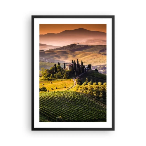 Plagát v čiernom ráme - Toskánska krajina s vinicami pri západe slnka - 50x70cm - Arkádia - toskánska krajina - Moderná nástenná dekorácia do obývacej izby a spálne ARTTOR