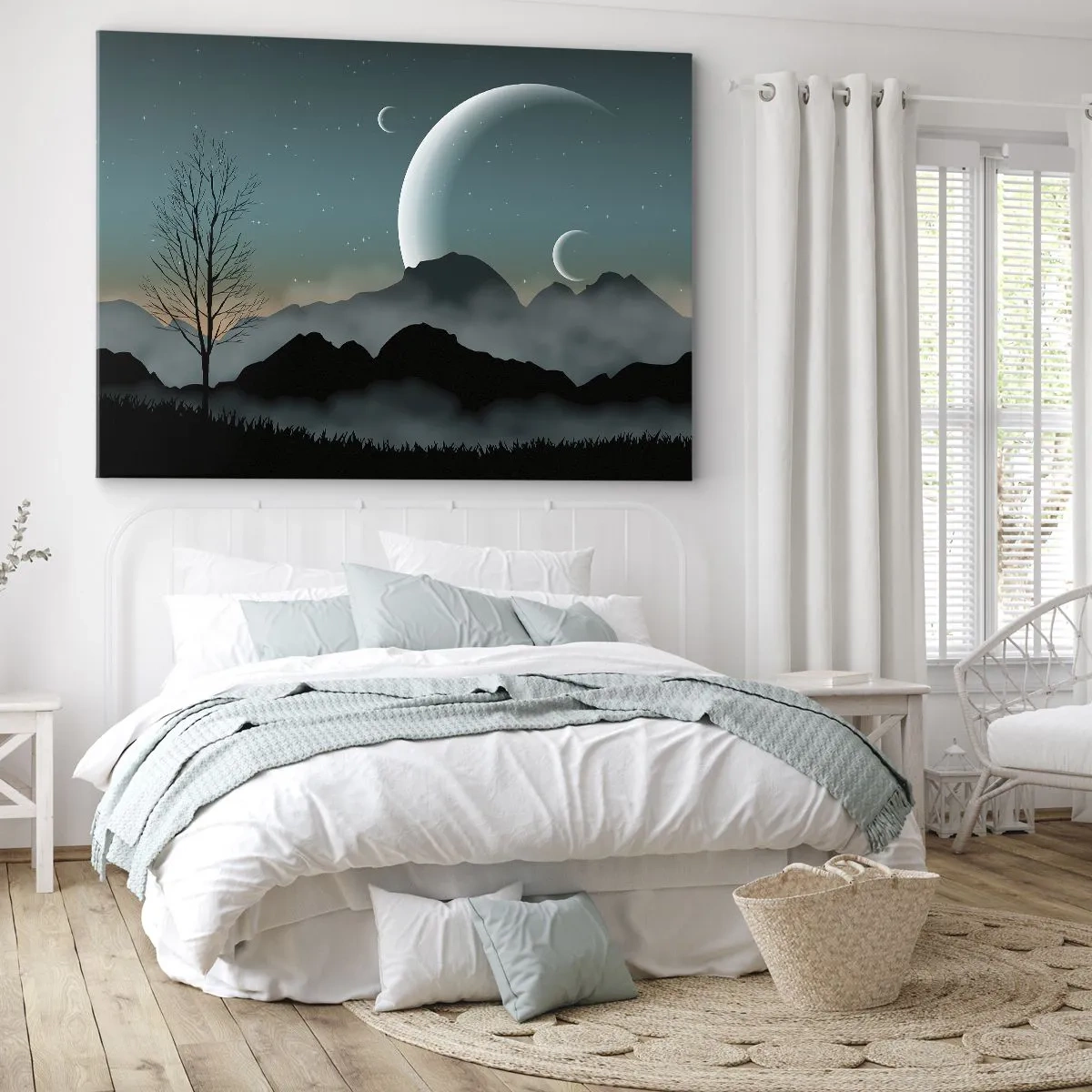 Obraz na plátne - Hmlisté hory s mesiacom a osamelým stromom - 70x50cm - Karneval hviezdnej noci - Moderná nástenná dekorácia do obývacej izby a spálne ARTTOR