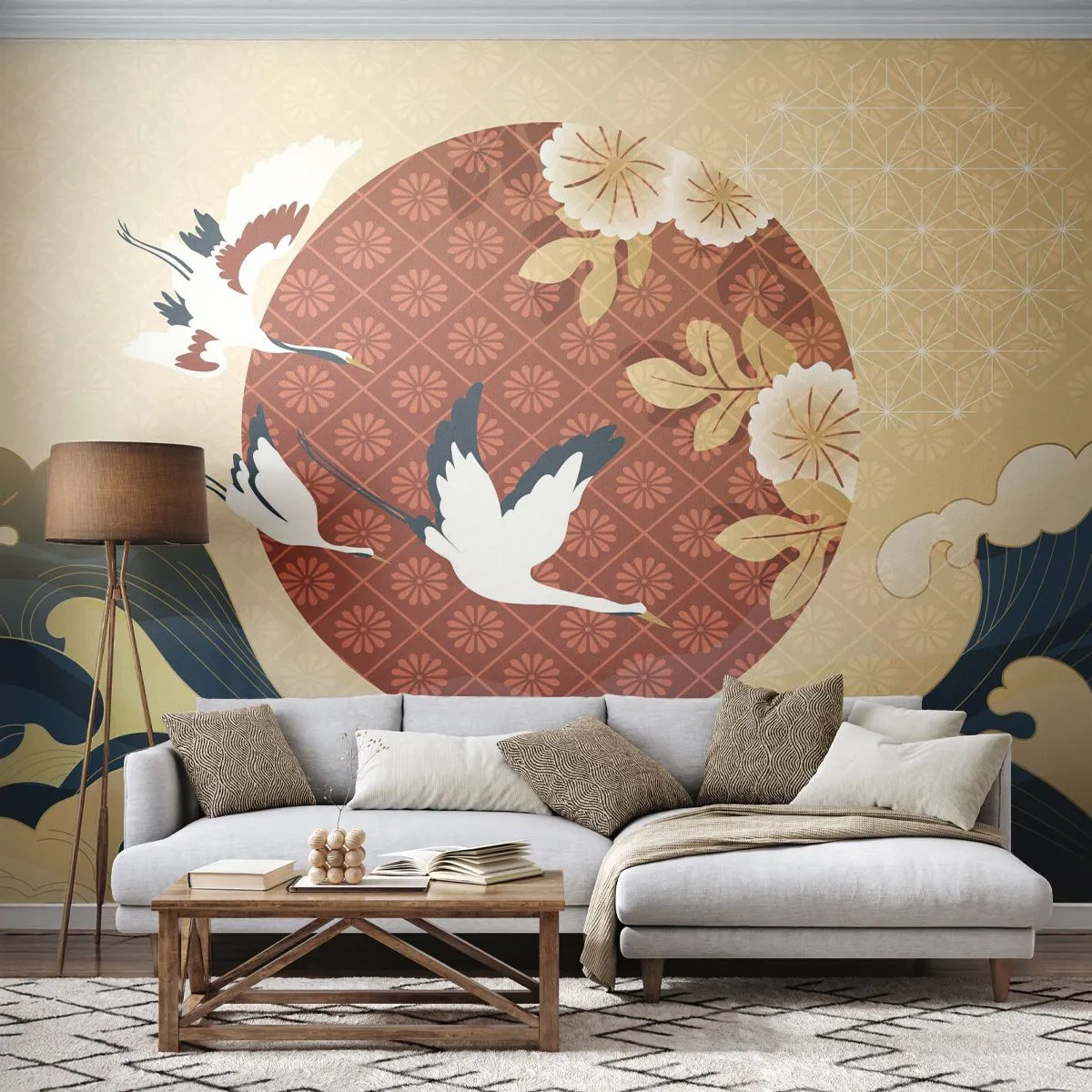 Samolepiaca Fototapeta Deluxe Sticker - Japonská rozprávka - Volavka, Vták, Abstrakcia - 400x280 cm